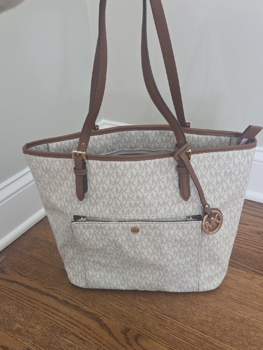 Michael Kors Cream Signature Logo Tote with Brown Trim